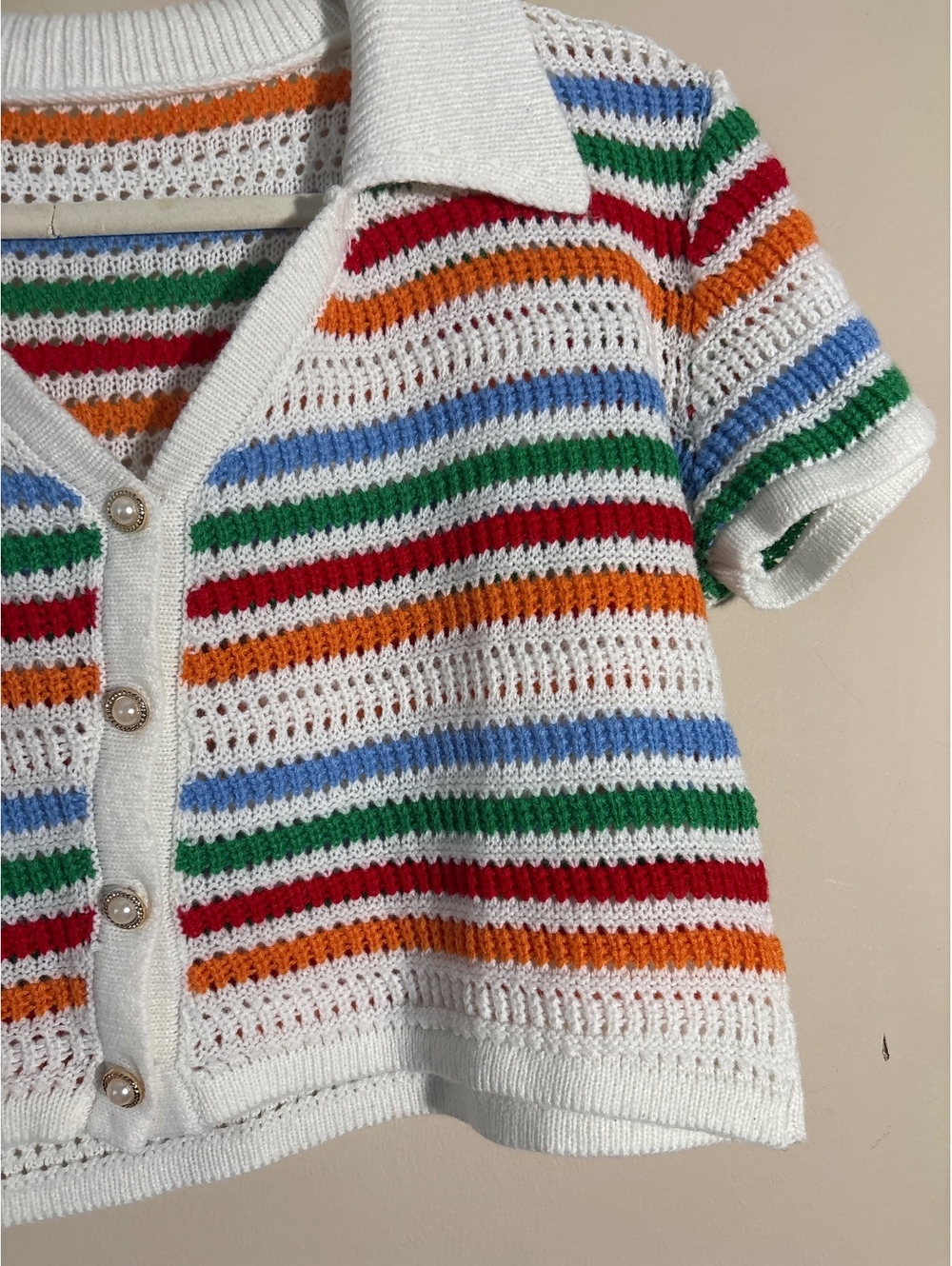 Vintage Crocheted Striped Button-Up Short Sleeve Top - Picture 3 of 6